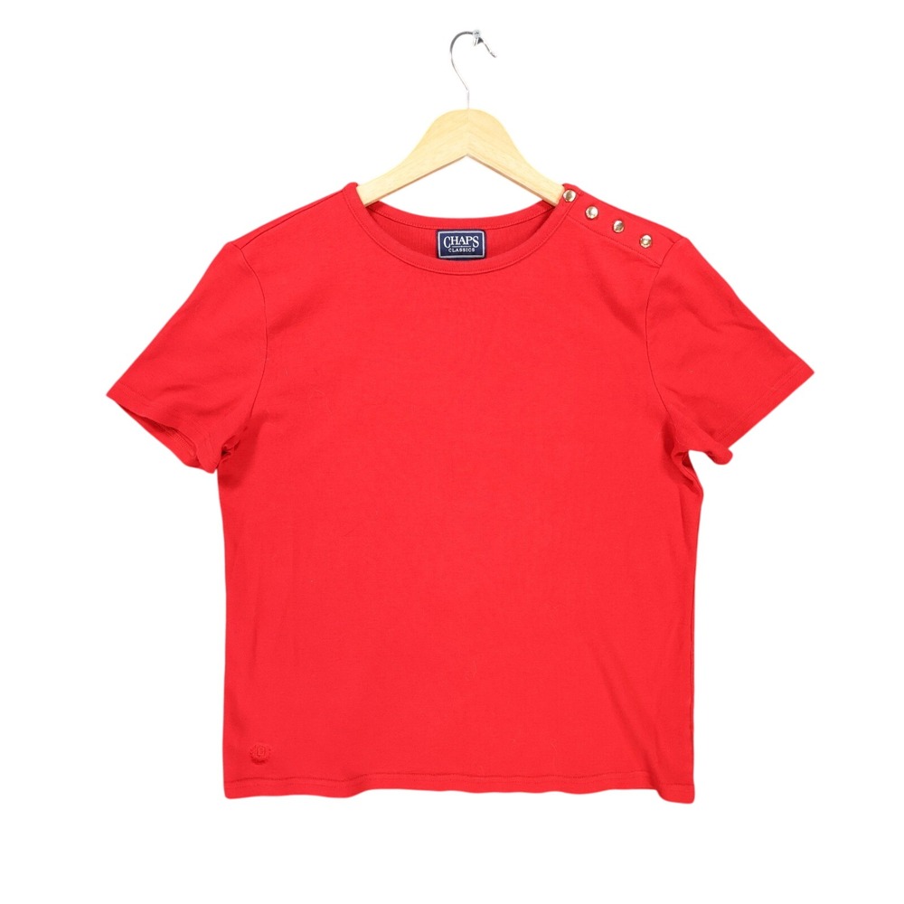 Chaps Classics T-Shirt Womens Large Red Cotton Nautical Button Shoulder Tee